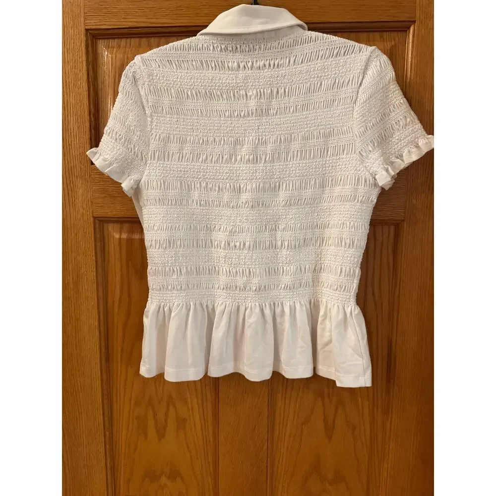 Chic Veronica Beard Ellisandra Smocked Jersey Button-Down Top - Picture 5 of 6